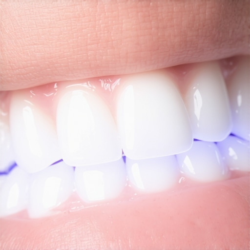 Advanced LED teeth whitening device Professional-grade LED teeth whitening device emitting blue light during use