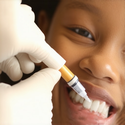 Dentist applying sealant to child's molar in a clinic setting
