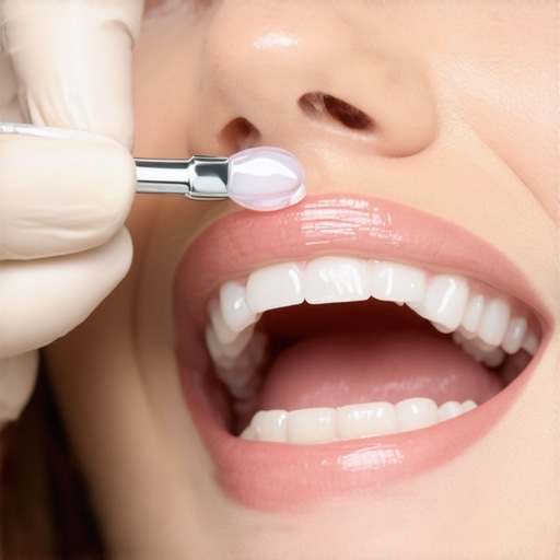 Dentist applying desensitizing gel to patient’s teeth to reduce whitening sensitivity.