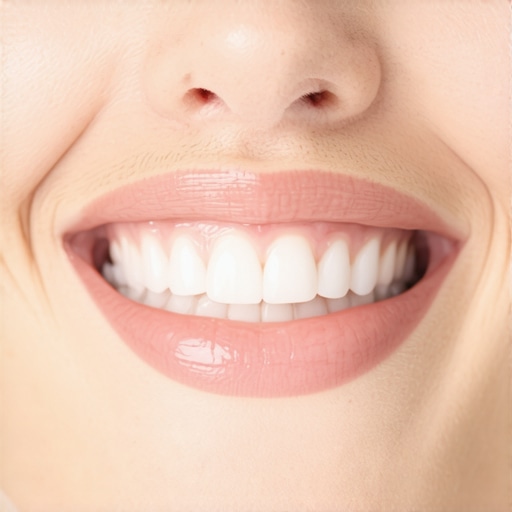 Close-up of a person's mouth with natural-looking dentures fitting well, indicating confidence and comfort.