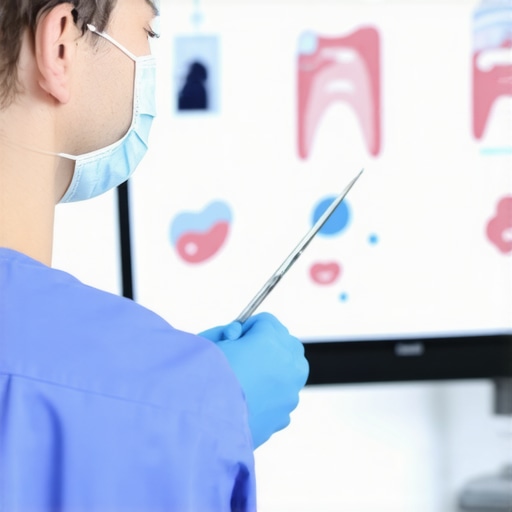 Dental Consultation with Visual Aids Dentist showing dental treatment options on a digital tablet