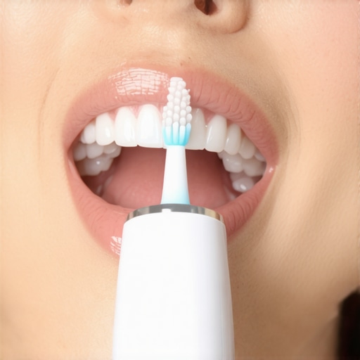 Person using a Sonicare electric toothbrush for oral care.