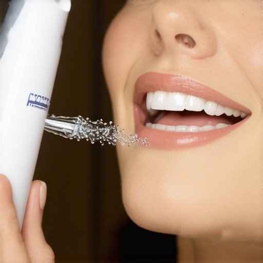 Person demonstrating the use of a water flosser for home dental care