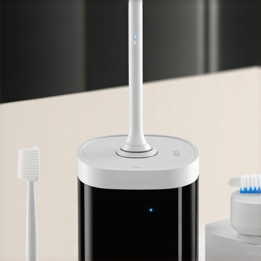 Ultrasonic dental cleaner and floss on a bathroom counter ready for use