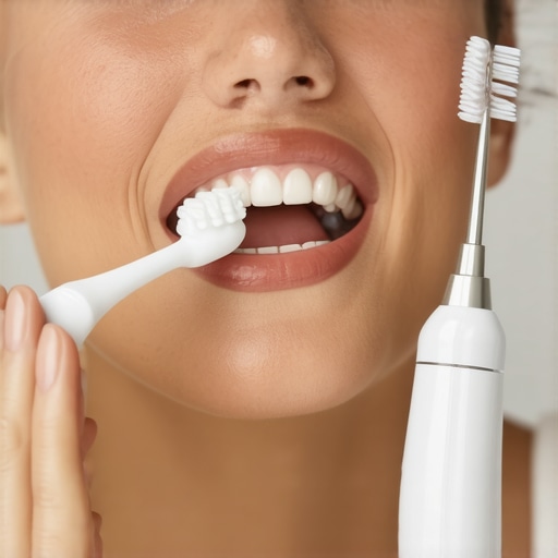 Effective Oral Hygiene Tools in Action Person using electric toothbrush and water flosser for dental care