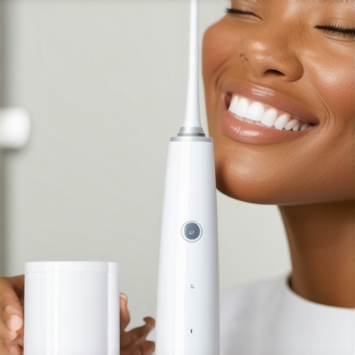 Person demonstrating water flossing technique to maintain dental health