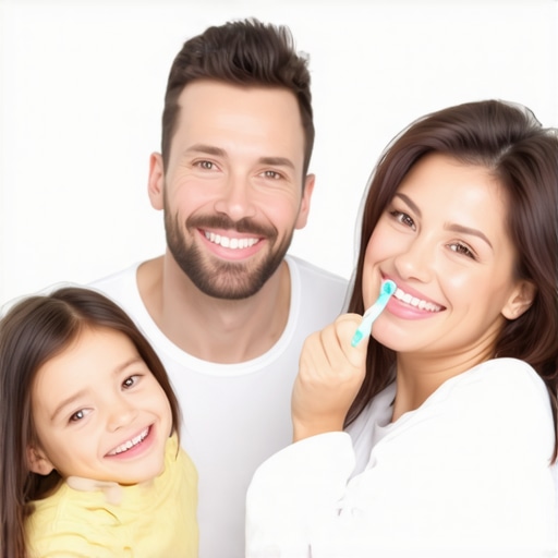 Family brushing teeth together in bathroom