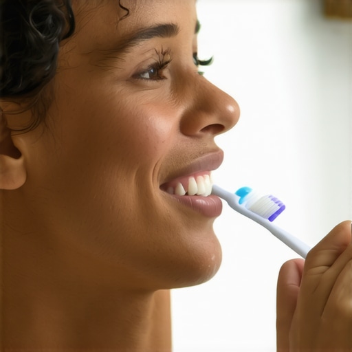 Person brushing teeth softly with a blue toothbrush in a well-lit bathroom environment