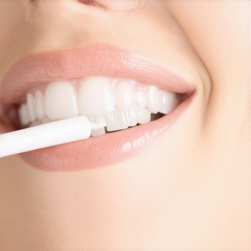 Person carefully flossing near dental veneers with soft brush in background