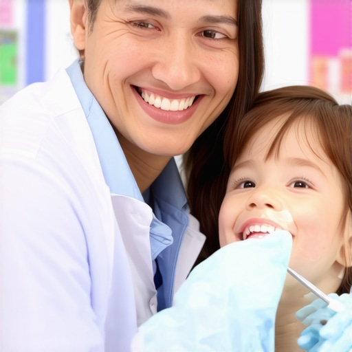 Parent and child smiling happily during dental appointment