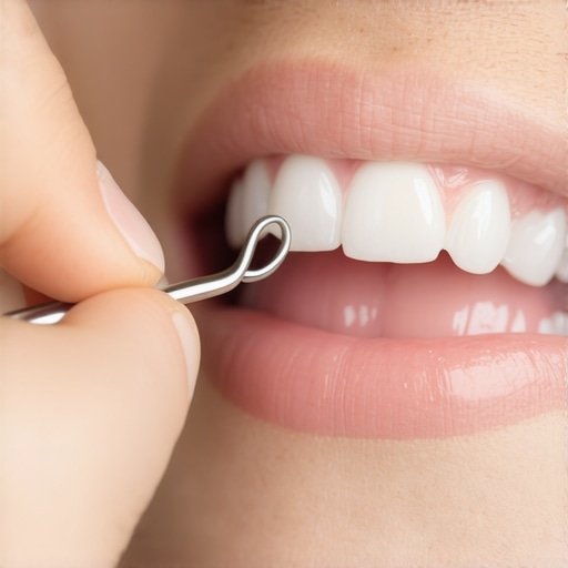 Healthy Gum Tissue Post-Implant Dentist inspecting gum around a dental implant with healthy pink tissue.