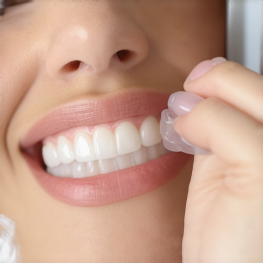 Person checking Invisalign trays and gums in mirror for irritation