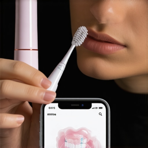 Person cleaning teeth with a smart electric toothbrush and smartphone app