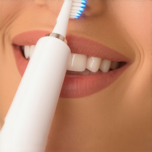 A dentist demonstrating the use of a high-tech sonic toothbrush with LED light for optimal oral care.