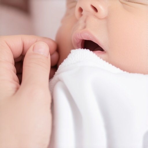 Parent gently massaging baby's inflamed gums with a cold cloth during teething