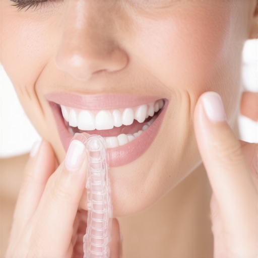 Person demonstrates correct Invisalign tray placement in front of mirror.
