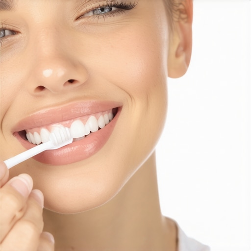 Person gently brushing dental veneers with a soft toothbrush