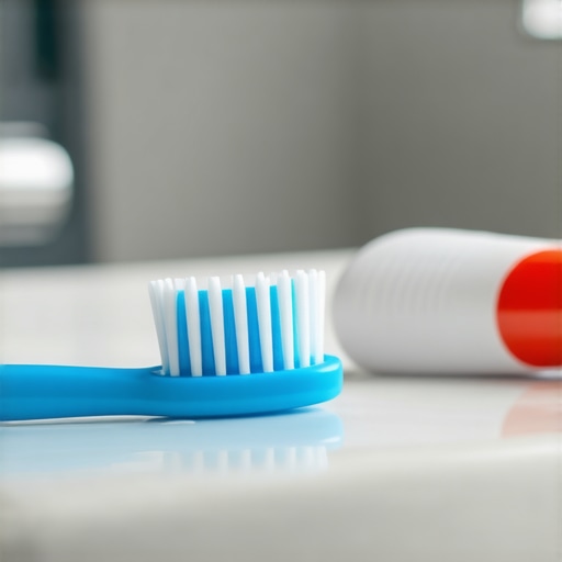 Toothbrush and toothpaste for sensitive teeth on a bathroom counter