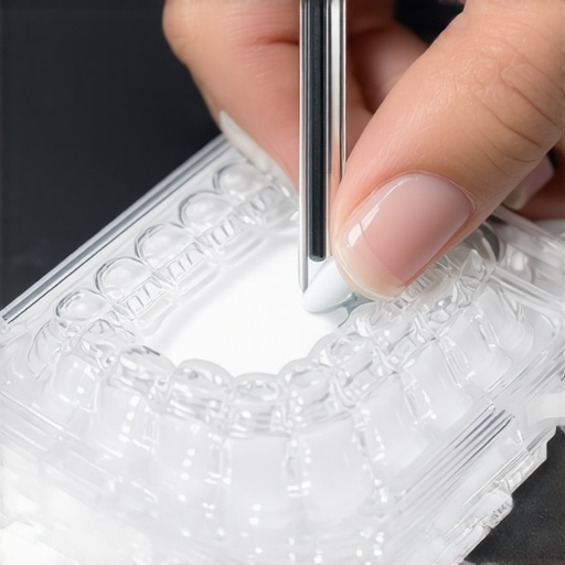 Person smoothing the edge of an Invisalign tray with a nail file to prevent tongue irritation.
