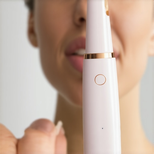 Person brushing teeth with smart toothbrush and smartphone app showing cleaning progress.