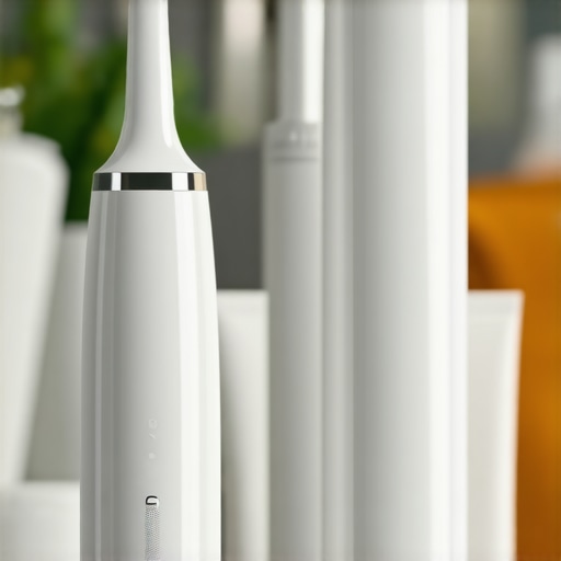 Ultrasonic water flosser and electric toothbrush on bathroom counter for dental care