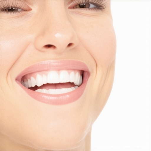 A person applying teeth whitening strips to their upper teeth in front of a mirror.