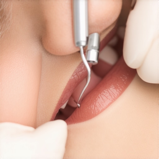 Dental professional fitting porcelain veneers onto patient's teeth.