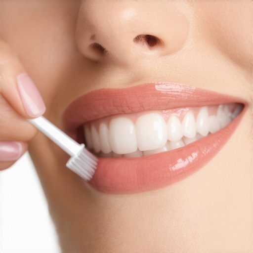 Person applying whitening gel to teeth using a small brush for at-home whitening