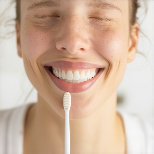 Person brushing teeth with whitening toothpaste in bathroom