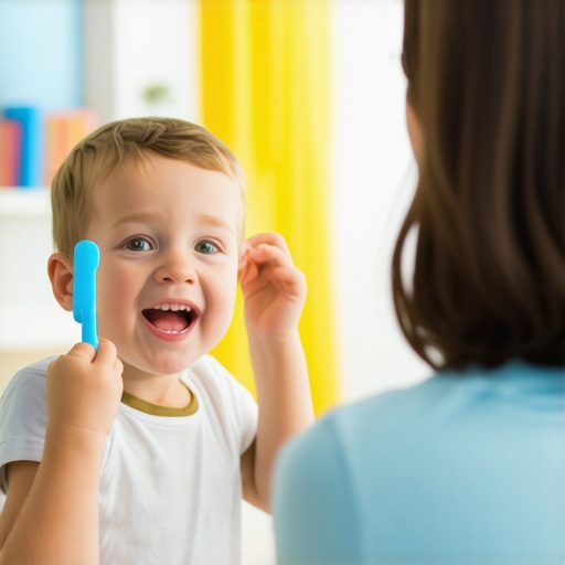 Child and parent practicing speech exercises A child and parent practicing speech exercises with mirror and colorful environment.
