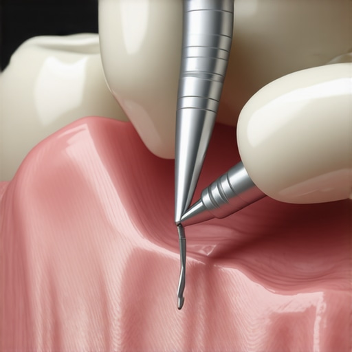 Dentist examining a dental implant during a routine check-up.