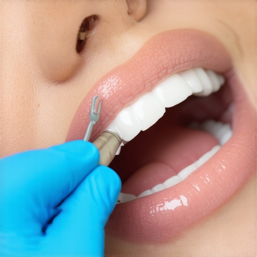 Dentist meticulously cleaning veneers with dental instruments to maintain oral health.