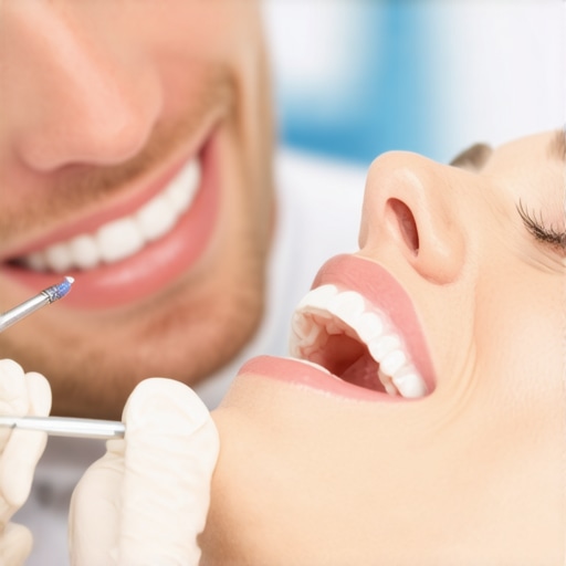 Dentist discussing teeth whitening and veneers with a patient in a clinic