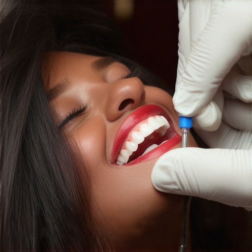 Dentist applying fluoride varnish to patient’s teeth during dental appointment.