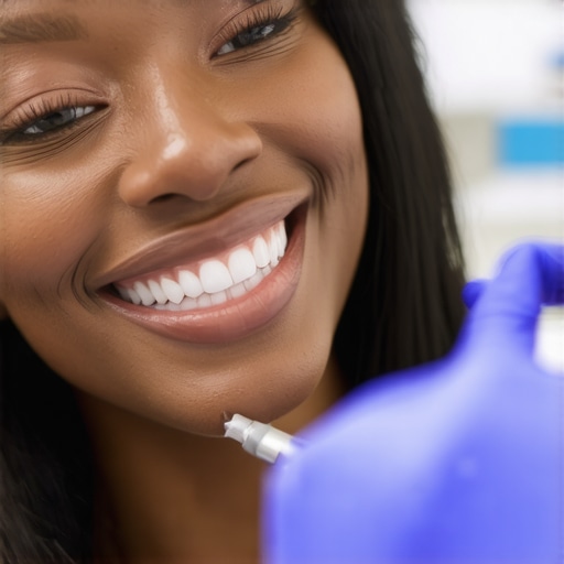 Dentist examining a patient's dental implant for alignment and height