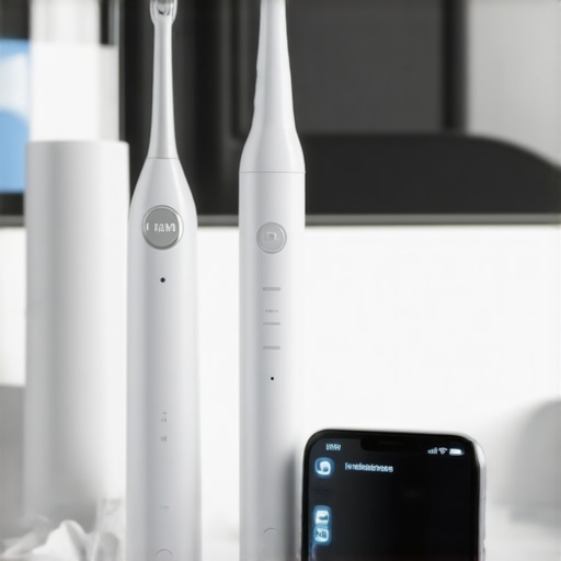 A set of advanced dental tools including an electric toothbrush, water flosser, and dental app interface