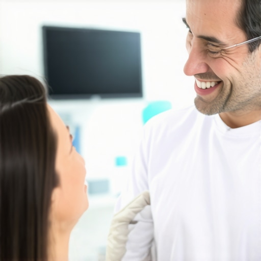 Dentist explaining smile enhancement options to patient in clinic.