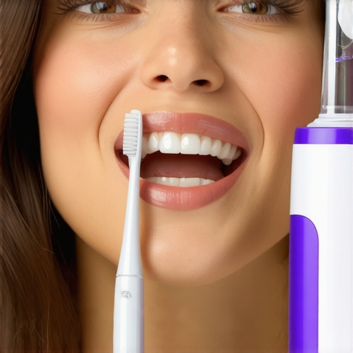 Effective Dental Maintenance Tools Person cleaning teeth with sonic toothbrush and water flosser.