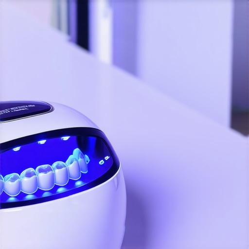 Effective Dental Maintenance Tools Ultrasonic dental cleaner and LED teeth whitening kit on a countertop.