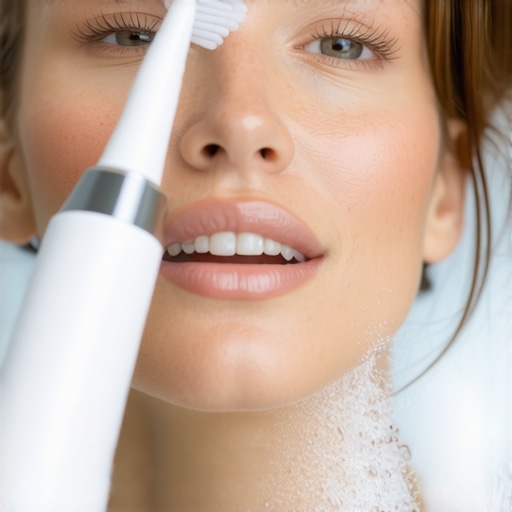 Person cleaning teeth with ultrasonic toothbrush and water flosser at home