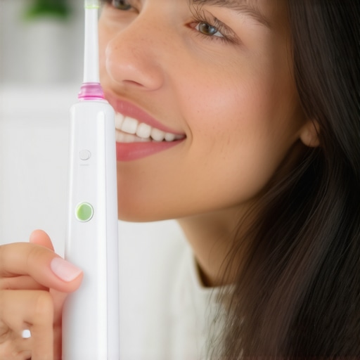 Effective Dental Tools for Long-Term Maintenance Person using Sonicare toothbrush and water flosser for dental cleaning.