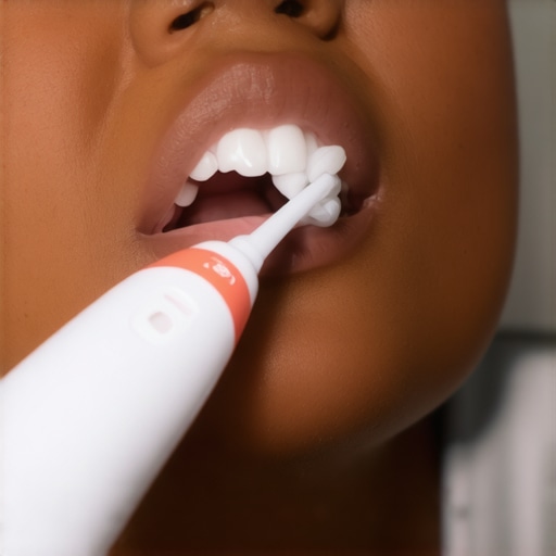 Person using an electric toothbrush and water flosser for optimal oral hygiene.