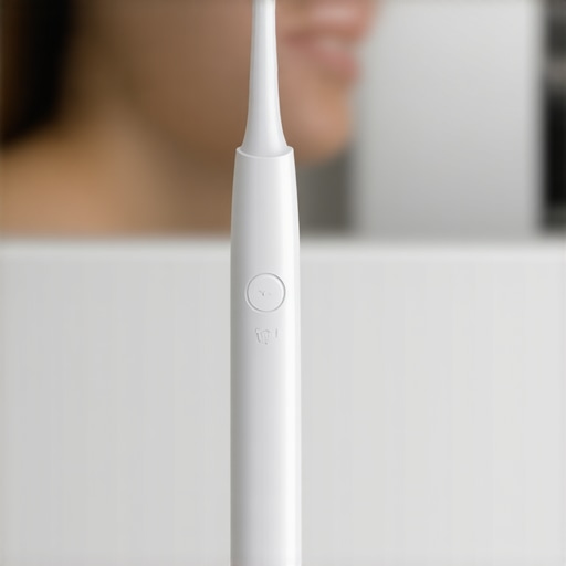 Person demonstrating water flossing and brushing for dental care