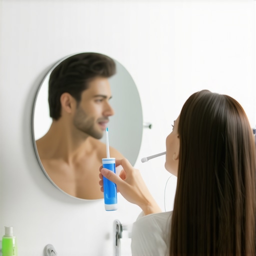 Effective Dental Water Flossing Person using a water flosser to clean teeth in a bathroom