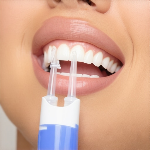 A person using a water flosser to clean between their teeth, showcasing dental maintenance tools.