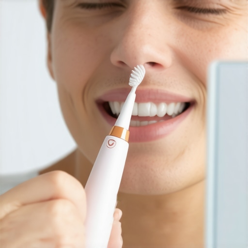Person using an interdental cleaning device to maintain oral health.