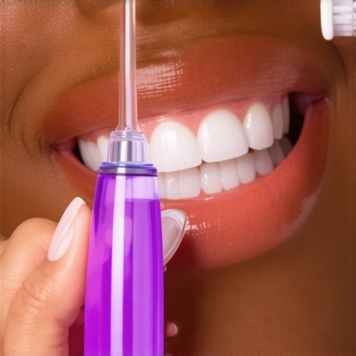 Hand using water flosser and toothbrush for dental care