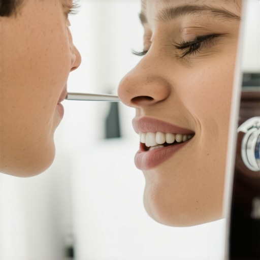 Person flossing gums carefully in mirror using soft floss