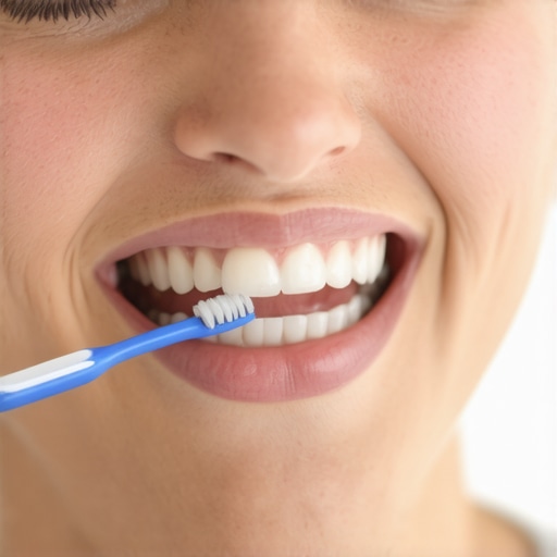 Dentist showing proper brushing technique with soft toothbrush