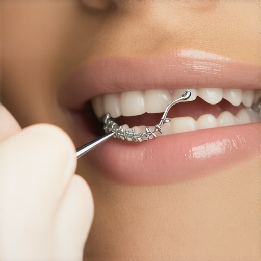 Person using dental tweezers to adjust a loose braces bracket in a bright setting.